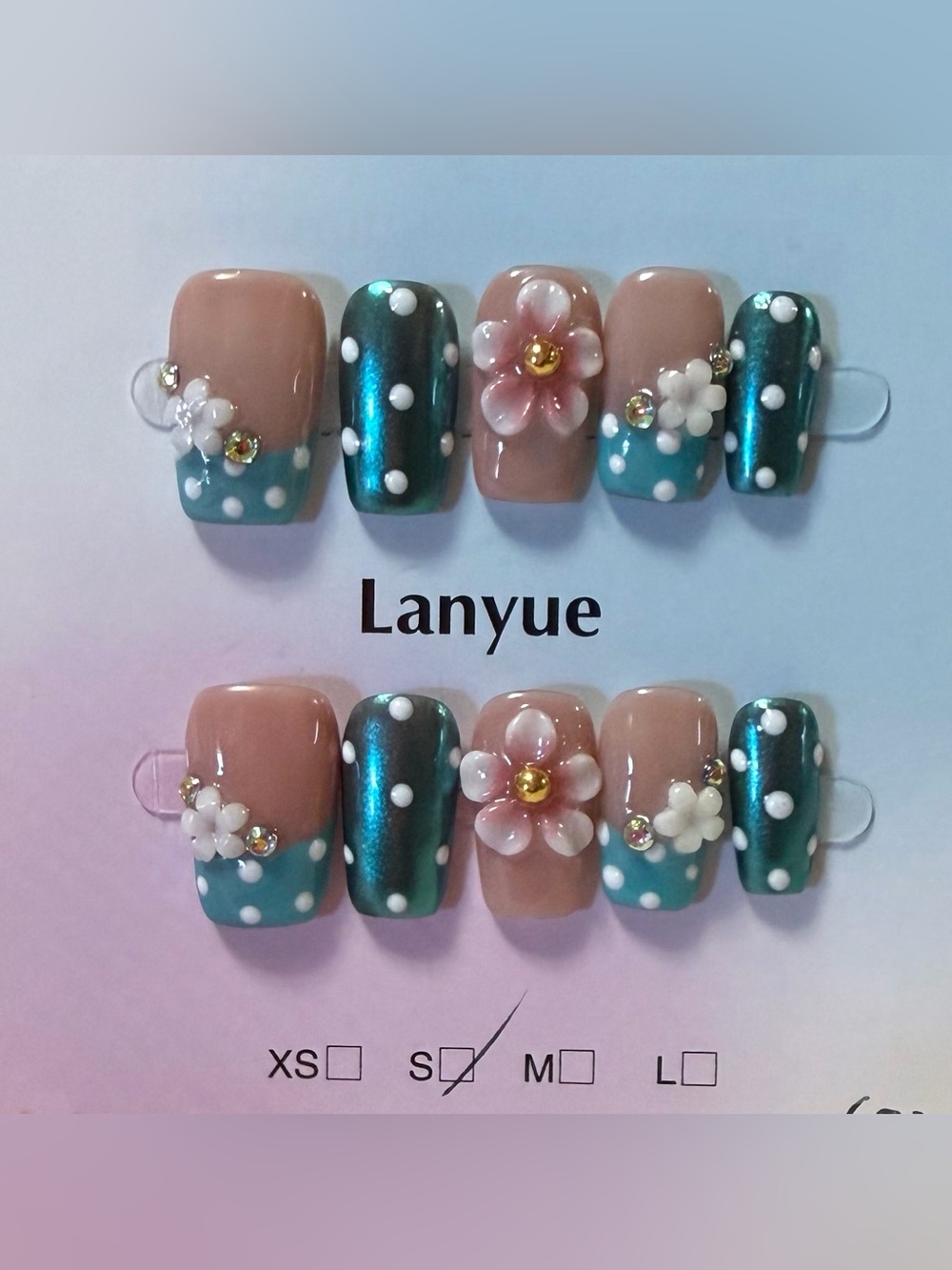 Teal and Nude Floral Press-On Nail Set